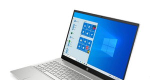 Half-open HP laptop featuring sleek design and powerful performance