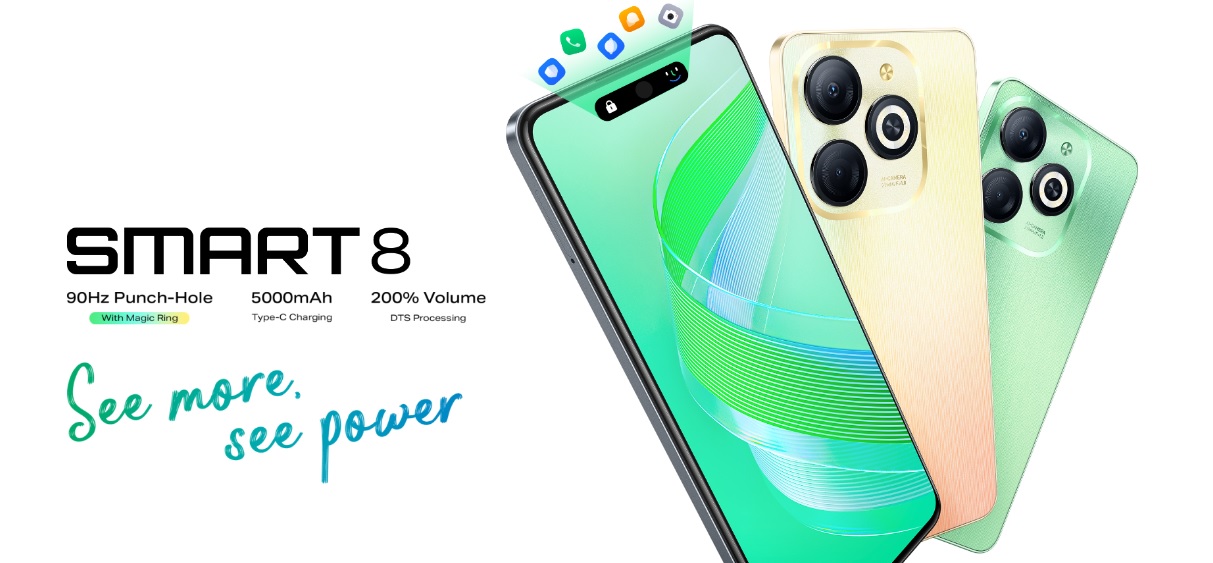 An image of 3 Infinix Smart 8 with different Colors