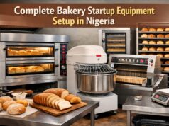 complete bakery startup equipment setup in Nigeria Commercial bakery startup equipment setup in Nigeria showing industrial oven, dough mixer, stainless steel work tables, and bread racks in a real bakery environment.