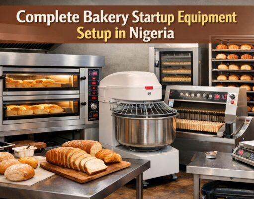 complete bakery startup equipment setup in Nigeria Commercial bakery startup equipment setup in Nigeria showing industrial oven, dough mixer, stainless steel work tables, and bread racks in a real bakery environment.