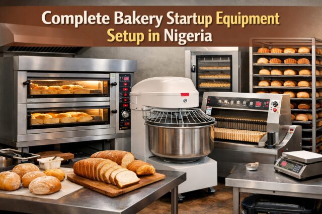 Commercial bakery startup equipment setup in Nigeria showing industrial oven, dough mixer, stainless steel work tables, and bread racks in a real bakery environment.