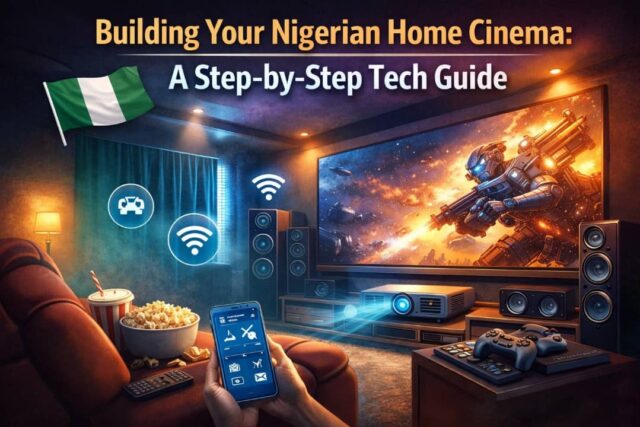 Home cinema setup in a Nigerian living room with TV, speakers, projector, and streaming devices