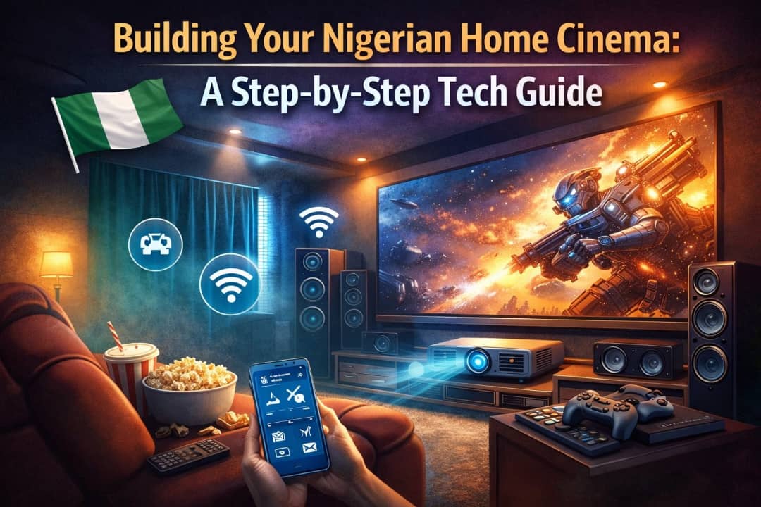 Home cinema setup in a Nigerian living room with TV, speakers, projector, and streaming devices