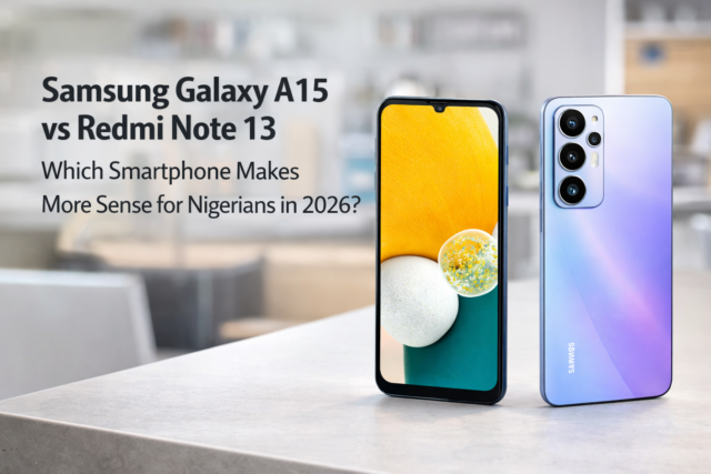 Samsung Galaxy A15 and Redmi Note 13 smartphones displayed on a clean modern workspace background comparing mid range phones for Nigerian buyers.