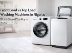 A Comparison of Front Load vs Top Load Washing Machines in Nigeria Front load and top load washing machines displayed side by side in a modern laundry room illustrating washing machine comparison for Nigerian buyers in 2026.