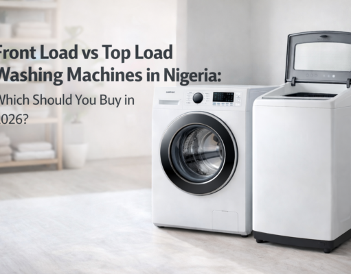 A Comparison of Front Load vs Top Load Washing Machines in Nigeria Front load and top load washing machines displayed side by side in a modern laundry room illustrating washing machine comparison for Nigerian buyers in 2026.