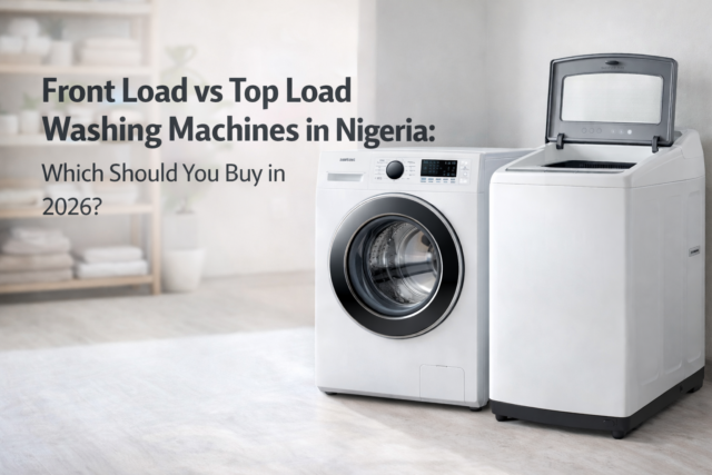 Front Load vs Top Load Washing Machines in Nigeria 2026 Comparison Front load and top load washing machines displayed side by side in a modern laundry room illustrating washing machine comparison for Nigerian buyers in 2026.