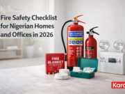 Fire Safety Equipments for Nigerian Homes and Offices in 2026: Equipment, Compliance, and Practical Protection Fire safety equipment including fire extinguishers, fire blanket, smoke detector, first aid kit, and emergency light displayed in a modern Nigerian home and office setting.