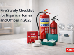 Fire Safety Equipments for Nigerian Homes and Offices in 2026: Equipment, Compliance, and Practical Protection Fire safety equipment including fire extinguishers, fire blanket, smoke detector, first aid kit, and emergency light displayed in a modern Nigerian home and office setting.