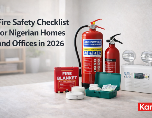 Fire Safety Equipments for Nigerian Homes and Offices in 2026: Equipment, Compliance, and Practical Protection Fire safety equipment including fire extinguishers, fire blanket, smoke detector, first aid kit, and emergency light displayed in a modern Nigerian home and office setting.