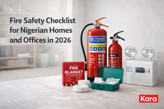 Fire safety equipment including fire extinguishers, fire blanket, smoke detector, first aid kit, and emergency light displayed in a modern Nigerian home and office setting.