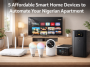 5 Affordable Smart Home Devices to Automate Your Nigerian Apartment Affordable smart home devices including wireless router, smart LED bulbs, security camera, smart TV, and smart UPS in a Nigerian apartment
