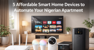 5 Affordable Smart Home Devices to Automate Your Nigerian Apartment Affordable smart home devices including wireless router, smart LED bulbs, security camera, smart TV, and smart UPS in a Nigerian apartment
