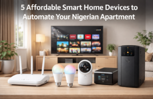 5 Affordable Smart Home Devices to Automate Your Nigerian Apartment Affordable smart home devices including wireless router, smart LED bulbs, security camera, smart TV, and smart UPS in a Nigerian apartment