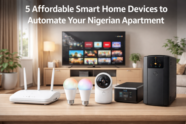Affordable smart home devices including wireless router, smart LED bulbs, security camera, smart TV, and smart UPS in a Nigerian apartment
