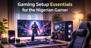 Gaming Setup Essentials for the Nigerian Gamer Modern gaming setup in a Nigerian home featuring gaming PC, monitor, keyboard, mouse, headset, and gaming chair