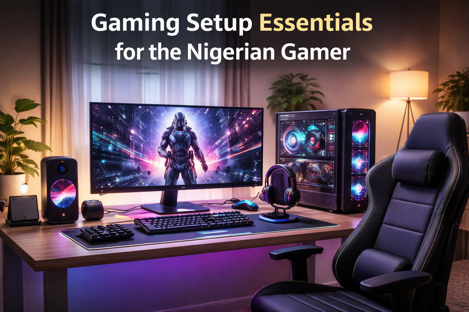 Modern gaming setup in a Nigerian home featuring gaming PC, monitor, keyboard, mouse, headset, and gaming chair