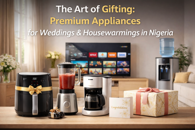 Premium home appliances arranged as wedding and housewarming gifts in a bright Nigerian living room