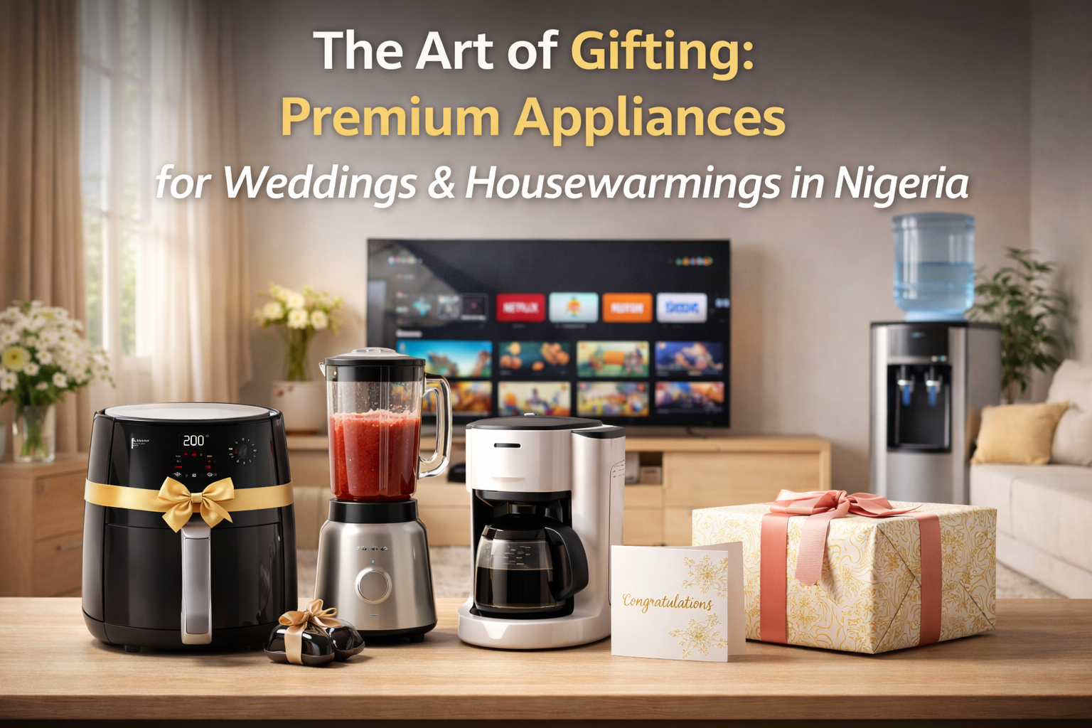 Premium home appliances arranged as wedding and housewarming gifts in a bright Nigerian living room