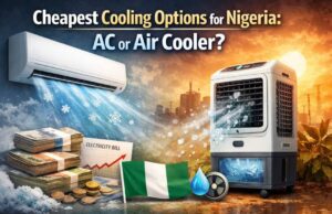 Cheapest Cooling Options for Nigeria: AC or Air Cooler? Air conditioner and air cooler side-by-side comparison showing cooling performance and energy use