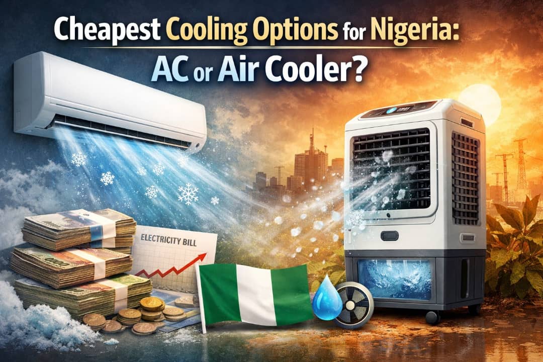 Air conditioner and air cooler side-by-side comparison showing cooling performance and energy use