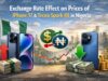 Exchange Rate effect on prices of iPhone 17 and Tecno Spark 40 in Nigeria Exchange rate impact on iPhone 17 and Tecno Spark 40 prices in Nigeria with dollar to naira symbols and Lagos skyline background.