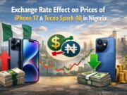 Exchange Rate effect on prices of iPhone 17 and Tecno Spark 40 in Nigeria Exchange rate impact on iPhone 17 and Tecno Spark 40 prices in Nigeria with dollar to naira symbols and Lagos skyline background.