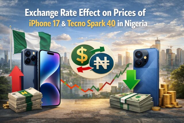 Exchange_Rate_Header_Compressed Exchange rate impact on iPhone 17 and Tecno Spark 40 prices in Nigeria with dollar to naira symbols and Lagos skyline background.