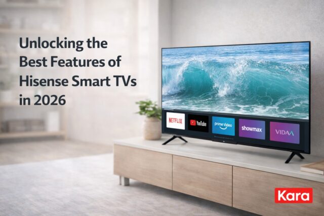 Hisense Smart TV in a modern Nigerian living room displaying streaming apps and 4K picture quality in a bright home entertainment setup.