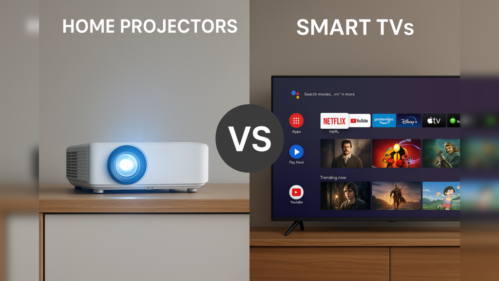 Projector and smart TV side by side comparison for home entertainment setup