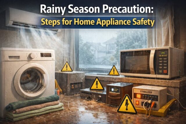 Rainy season home appliance safety showing washing machine, microwave, and stabilizer protected from moisture