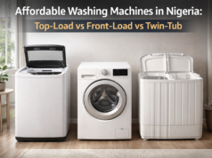 Affordable Washing Machines in Nigeria: Top-Load vs Front-Load vs Twin-Tub Top-load, front-load, and twin-tub washing machines displayed side by side in a modern Nigerian home