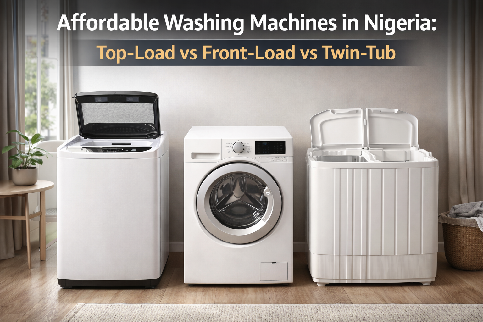 Top-load, front-load, and twin-tub washing machines displayed side by side in a modern Nigerian home
