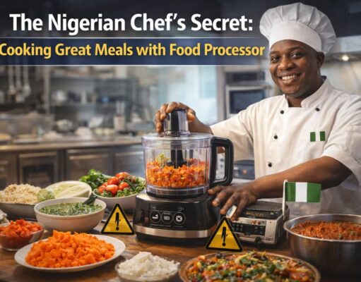 The Nigerian Chef’s Secret: Cooking great meals with Food Processor Nigerian chef using a food processor to prepare fresh ingredients in a professional kitchen