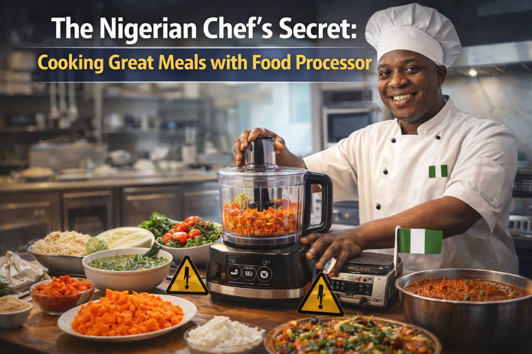 Nigerian chef using a food processor to prepare fresh ingredients in a professional kitchen