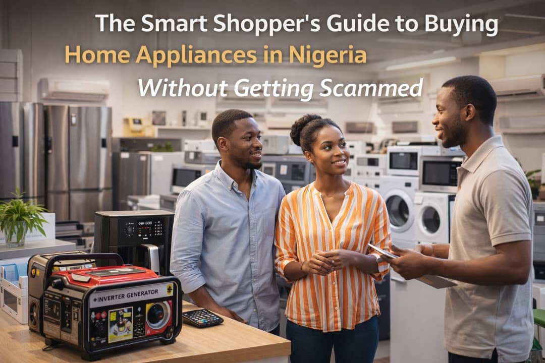 Nigerian couple shopping for home appliances in a modern appliance store with guidance from a sales representative