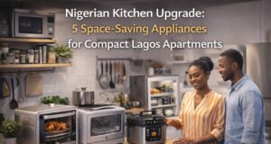Nigerian Kitchen Upgrade: 5 Space-Saving Appliances for Compact Lagos Apartments Compact Lagos apartment kitchen featuring space-saving appliances including mini oven, multi-cooker, and countertop dishwasher