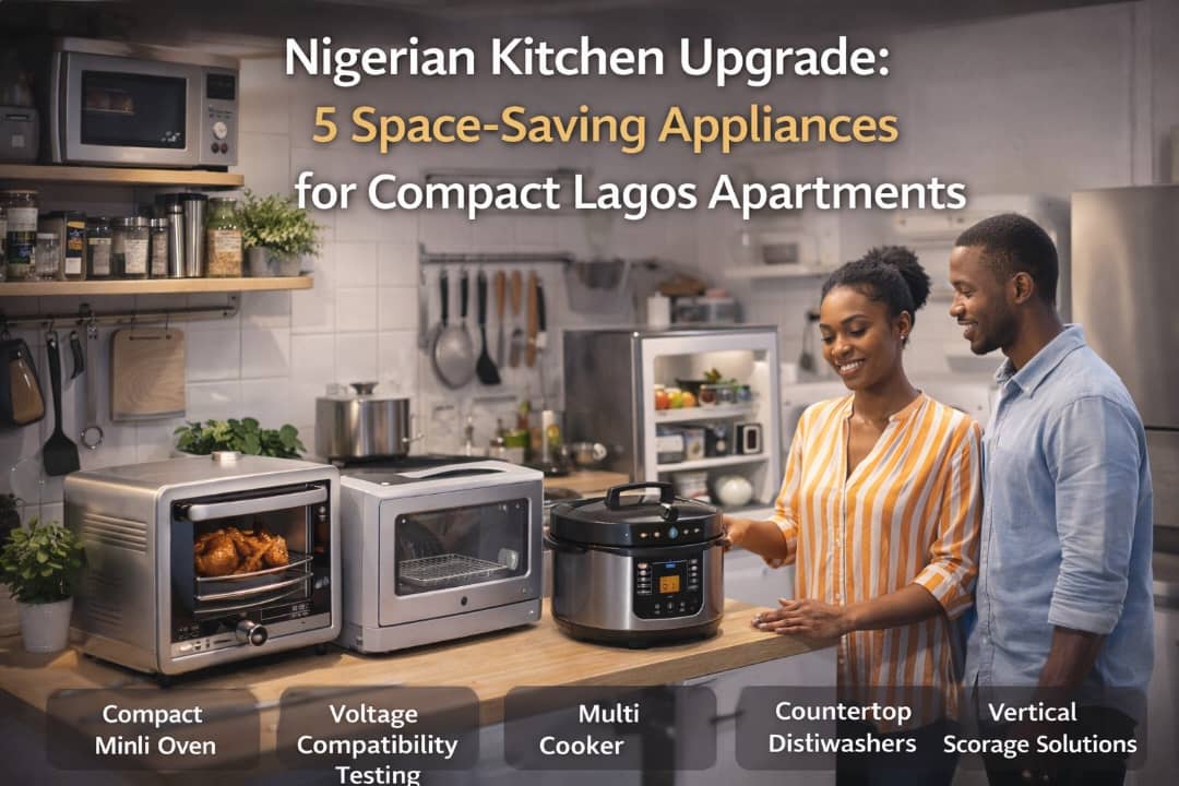 Compact Lagos apartment kitchen featuring space-saving appliances including mini oven, multi-cooker, and countertop dishwasher