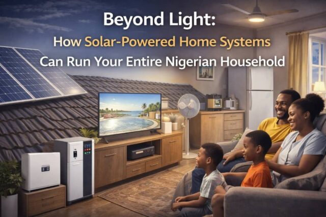 Solar-powered home system running TV, refrigerator, fan, and lighting in a Nigerian household