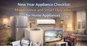 Buying Large Appliances on Kara: From Click to Delivery and Installation Home appliances including refrigerator, washing machine, air conditioner, TV, and generator arranged with maintenance checklist in a Nigerian home