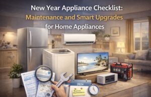 New Year Appliance Checklist: Maintenance and Smart Upgrades for Home Appliances Home appliances including refrigerator, washing machine, air conditioner, TV, and generator arranged with maintenance checklist in a Nigerian home