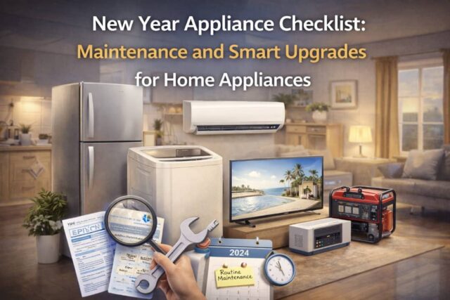 Home appliances including refrigerator, washing machine, air conditioner, TV, and generator arranged with maintenance checklist in a Nigerian home