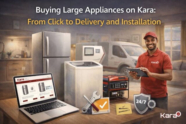 Buying large appliances online on Kara showing refrigerator, washing machine, generator, and professional delivery service in Nigeria
