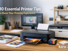 10 Essential Printer Tips to Boost Your Printing Experience in Nigeria Modern office workspace showing inkjet and laser printers printing documents with headline text “10 Essential Printer Tips to Boost Your Printing Experience” for a Kara.com.ng blog header.