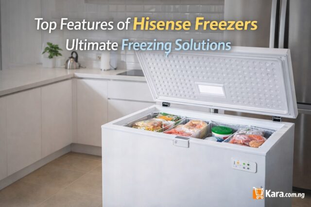 Open Hisense chest freezer filled with frozen food items in a clean modern kitchen workspace showing efficient food storage solution.