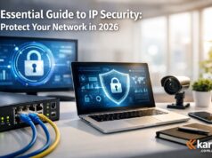 Essential Guide to IP Security: Protect Your Network in 2026 Essential guide to IP security showing a modern office workspace with a laptop displaying network protection, router with ethernet cables, and security monitoring tools