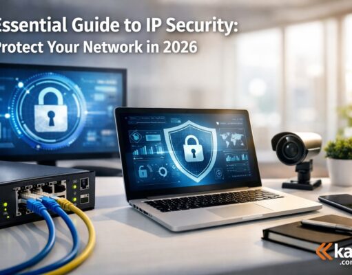 Essential Guide to IP Security: Protect Your Network in 2026 Essential guide to IP security showing a modern office workspace with a laptop displaying network protection, router with ethernet cables, and security monitoring tools