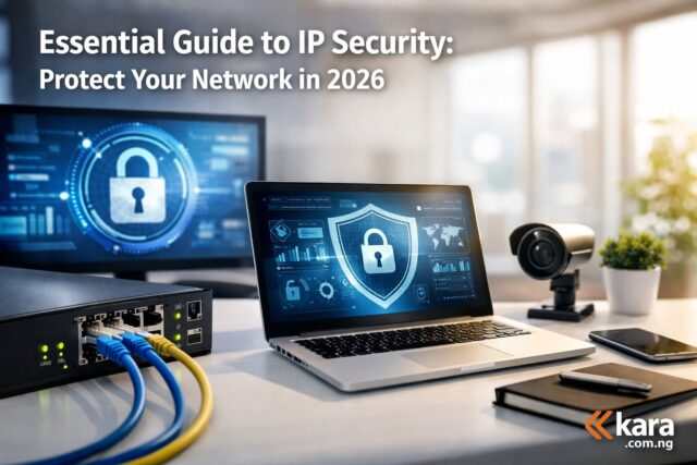 Essential guide to IP security showing a modern office workspace with a laptop displaying network protection, router with ethernet cables, and security monitoring tools
