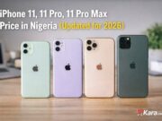 Comparing iPhone 11, 11 Pro, 11 Pro Max Price for better value iPhone 11, iPhone 11 Pro, and iPhone 11 Pro Max displayed on a desk showing different colours and sizes for a price guide in Nigeria.