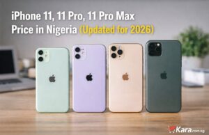 Comparing iPhone 11, 11 Pro, 11 Pro Max Price for better value iPhone 11, iPhone 11 Pro, and iPhone 11 Pro Max displayed on a desk showing different colours and sizes for a price guide in Nigeria.